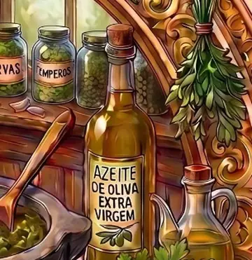 Garrafa de azeite extra virgem e potes de ervas