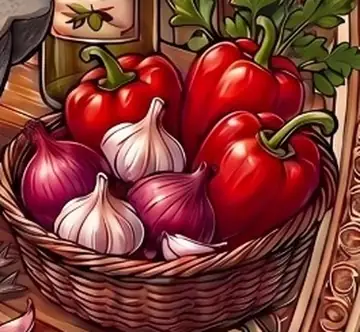 Cesto com pimentões vermelhos, alho e cebola roxa